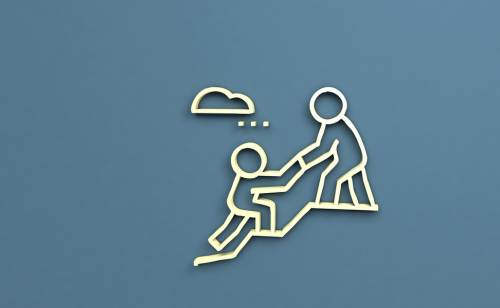 Graphic with an outline of a person helping another person up stairs