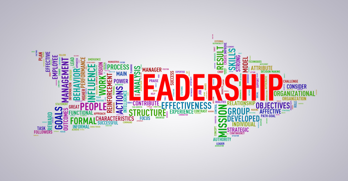 A cluster of words in the shape of an arrow with "Leadership" being the most prominent