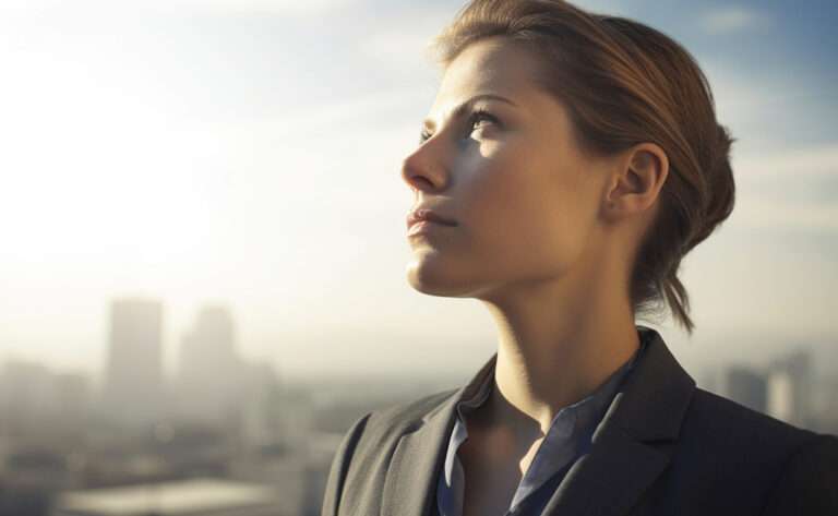 A woman looking up at the sky with the city skyline in the background