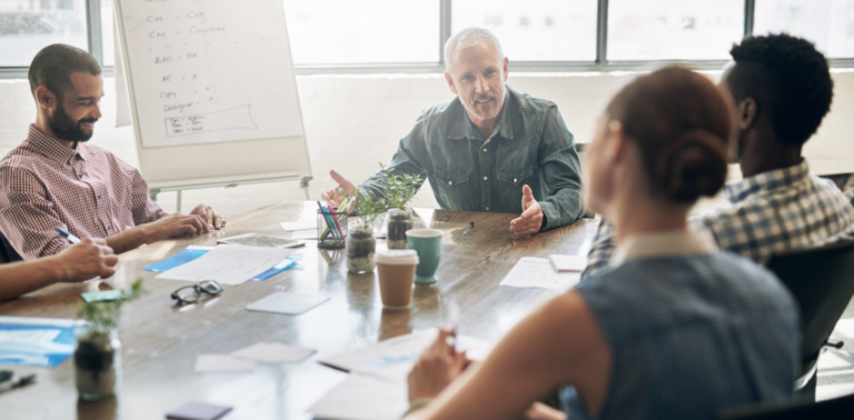 Team members discussing around a table
