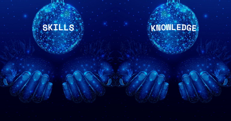 Two holographic pairs of hands, the one on the left holding an orb that says skills, and the one on the right holding an orb that says knowledge