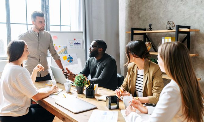 A team working in a positive work environment