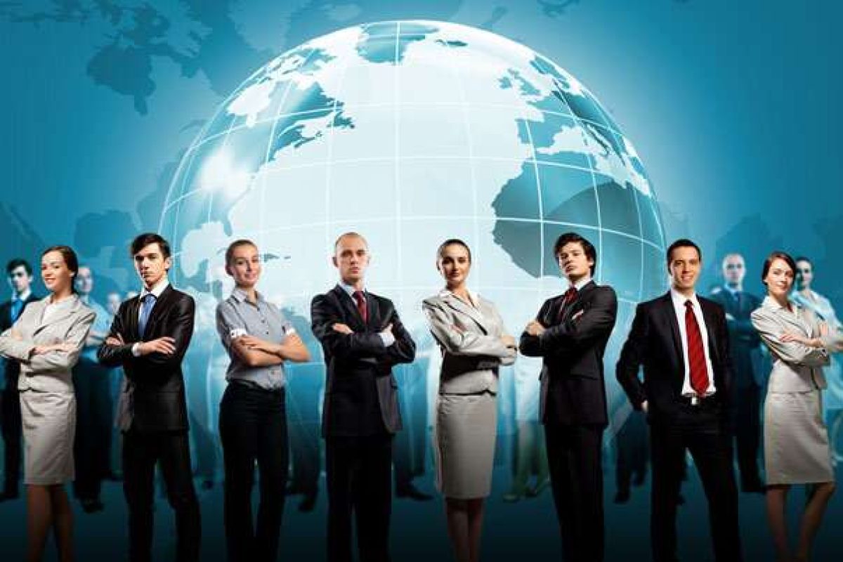 Leaders standing in front of a graphic globe