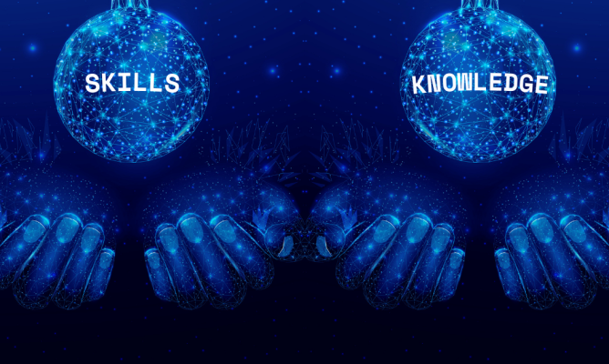 Two holographic pairs of hands, the one on the left holding an orb that says skills, and the one on the right holding an orb that says knowledge