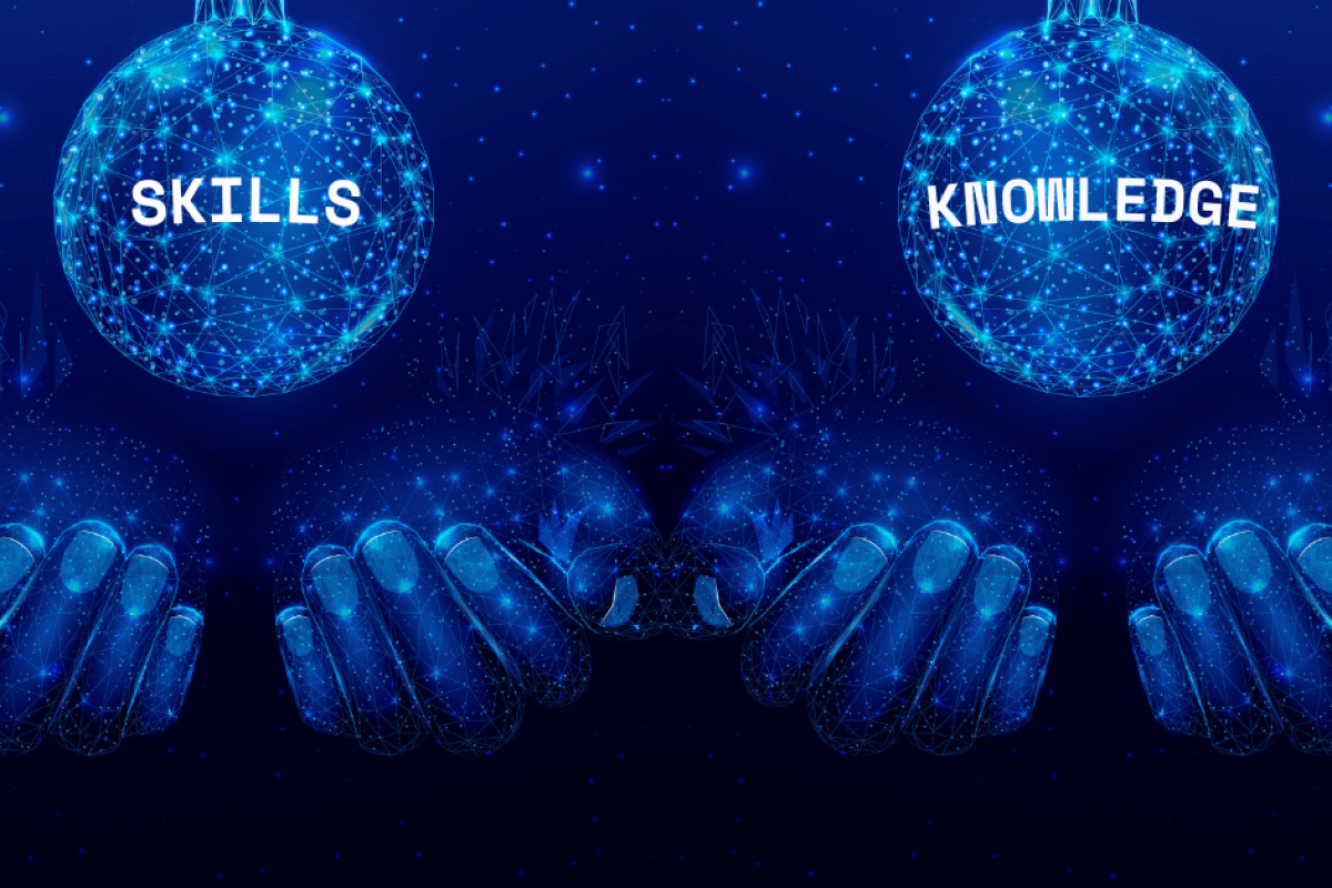 Two holographic pairs of hands, the one on the left holding an orb that says skills, and the one on the right holding an orb that says knowledge