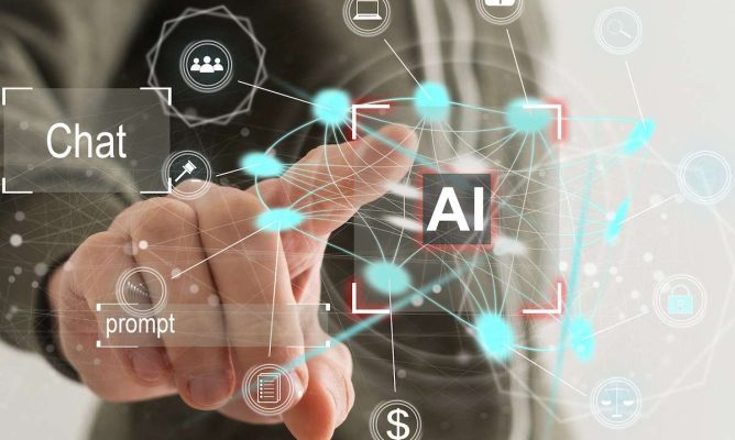 A man pointing at a digital web that says AI