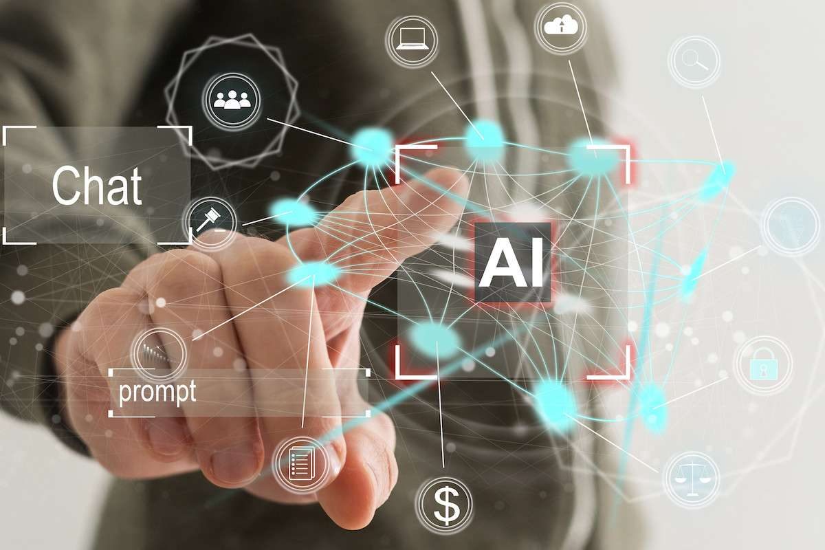 A man pointing at a digital web that says AI