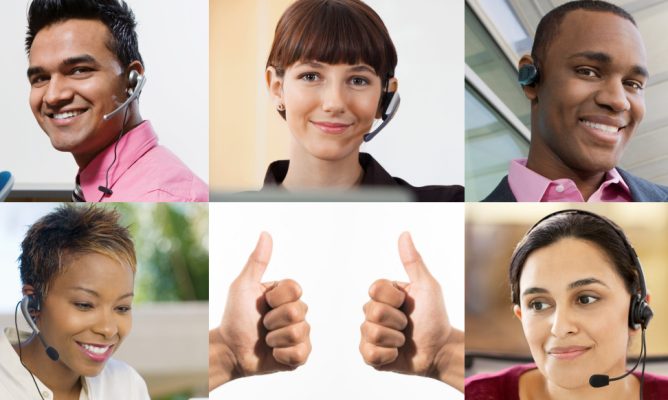 A grid of six pictures, with five of the pictures showing customer service representatives, and one of the squares has two thumbs up