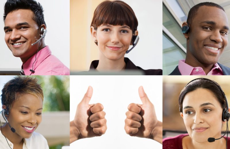 A grid of six pictures, with five of the pictures showing customer service representatives, and one of the squares has two thumbs up