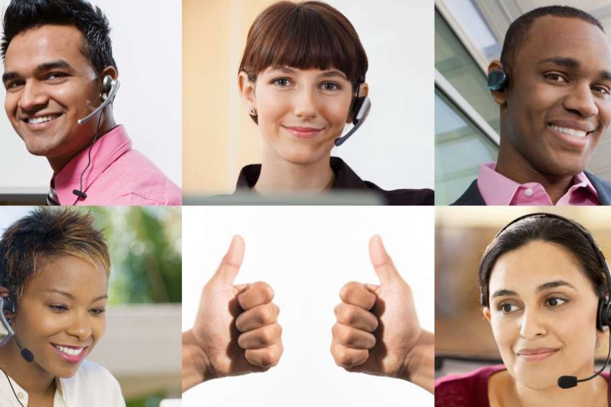 A grid of six pictures, with five of the pictures showing customer service representatives, and one of the squares has two thumbs up