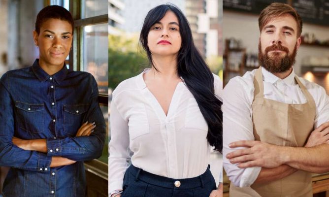 Two women and a man posing in different locations for a headshot photo