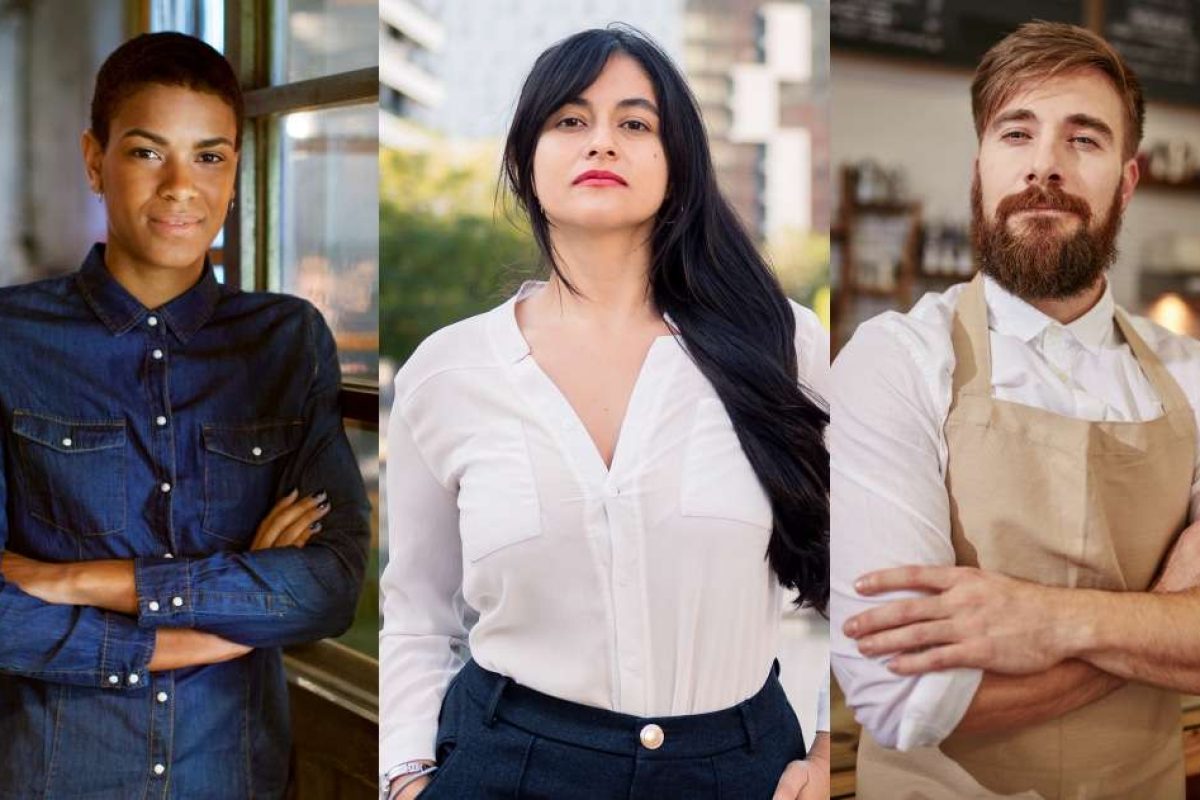 Two women and a man posing in different locations for a headshot photo