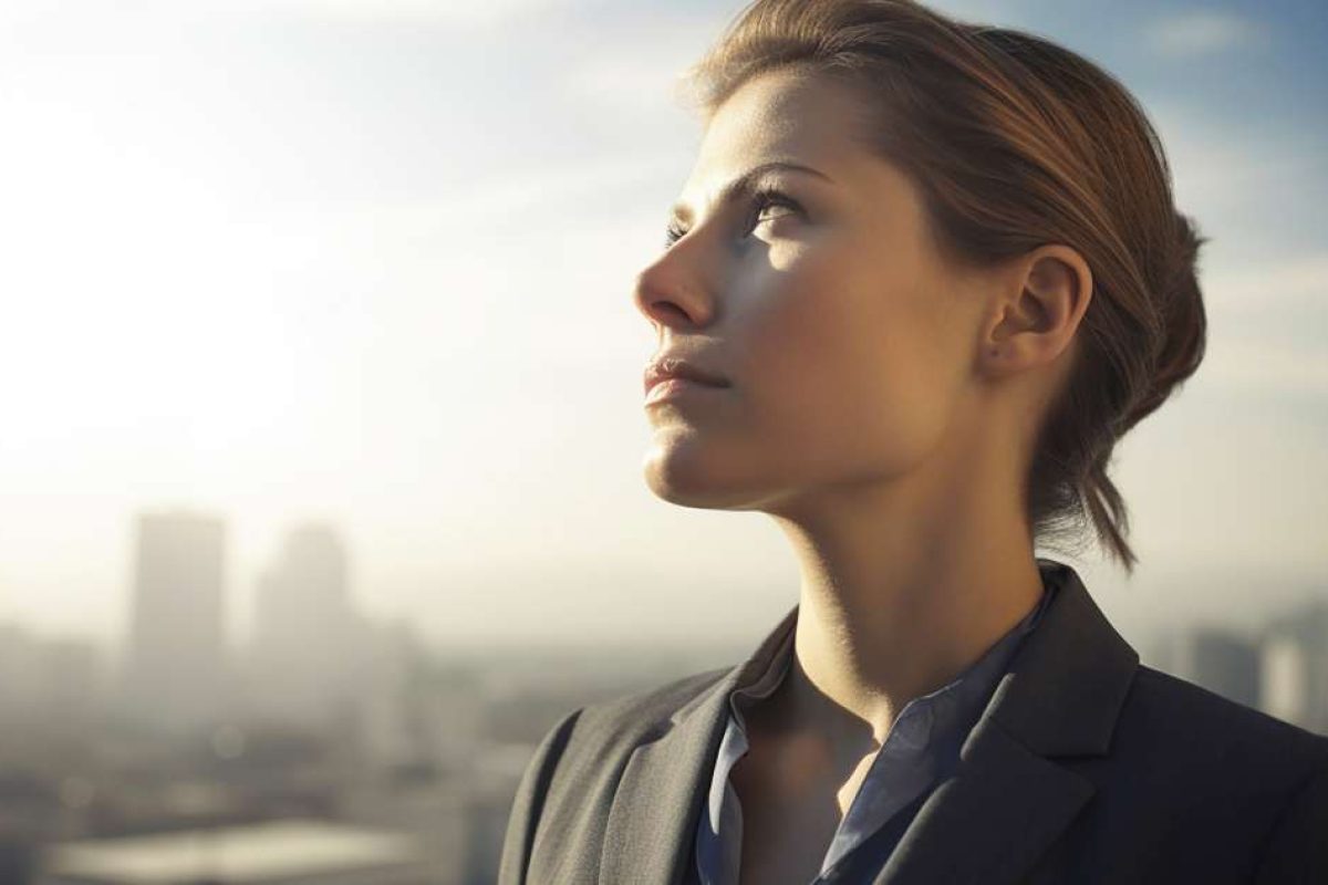 A woman looking up at the sky with the city skyline in the background
