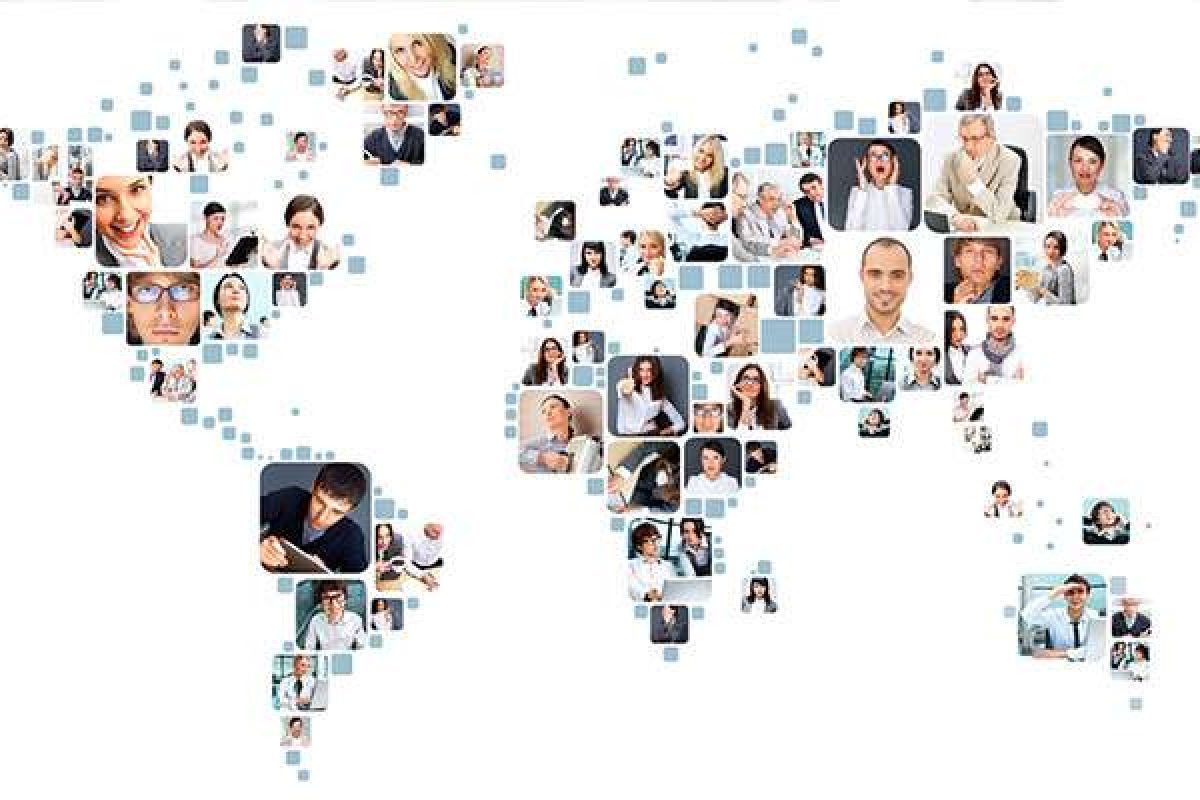 A map of the world with images of people on each contintent