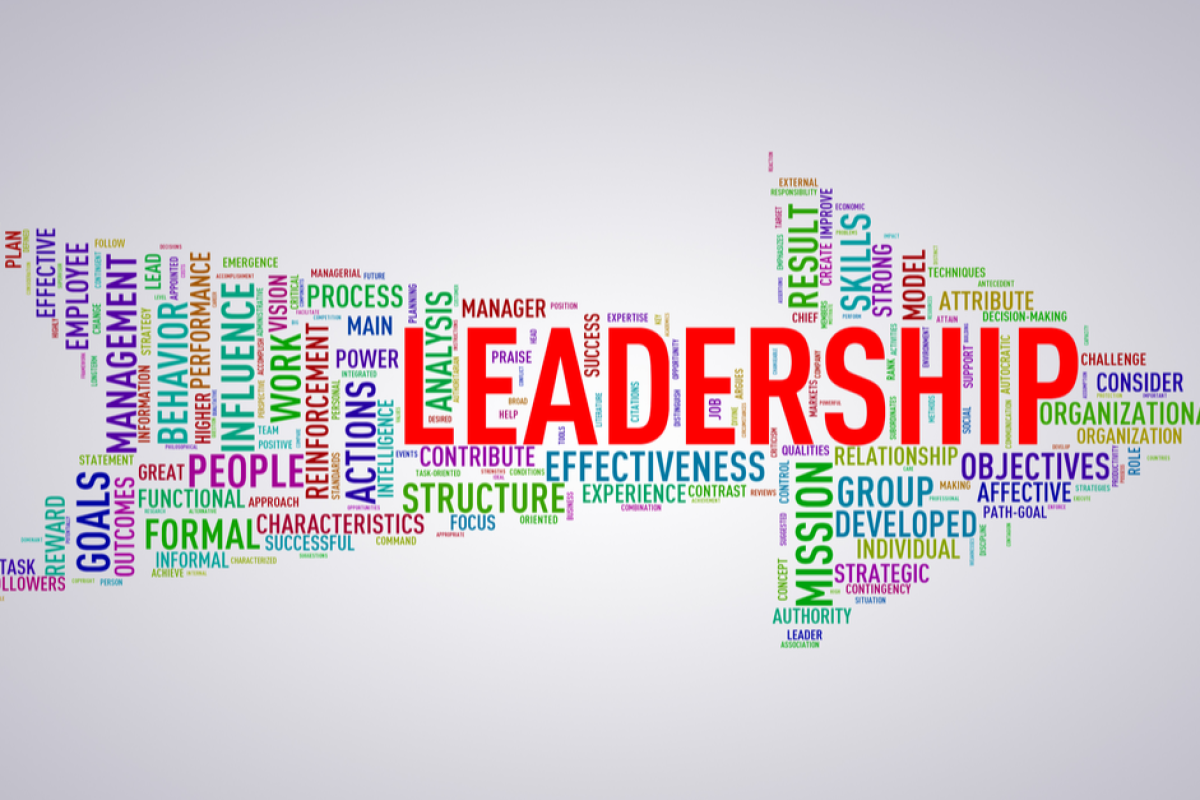 A cluster of words in the shape of an arrow with "Leadership" being the most prominent